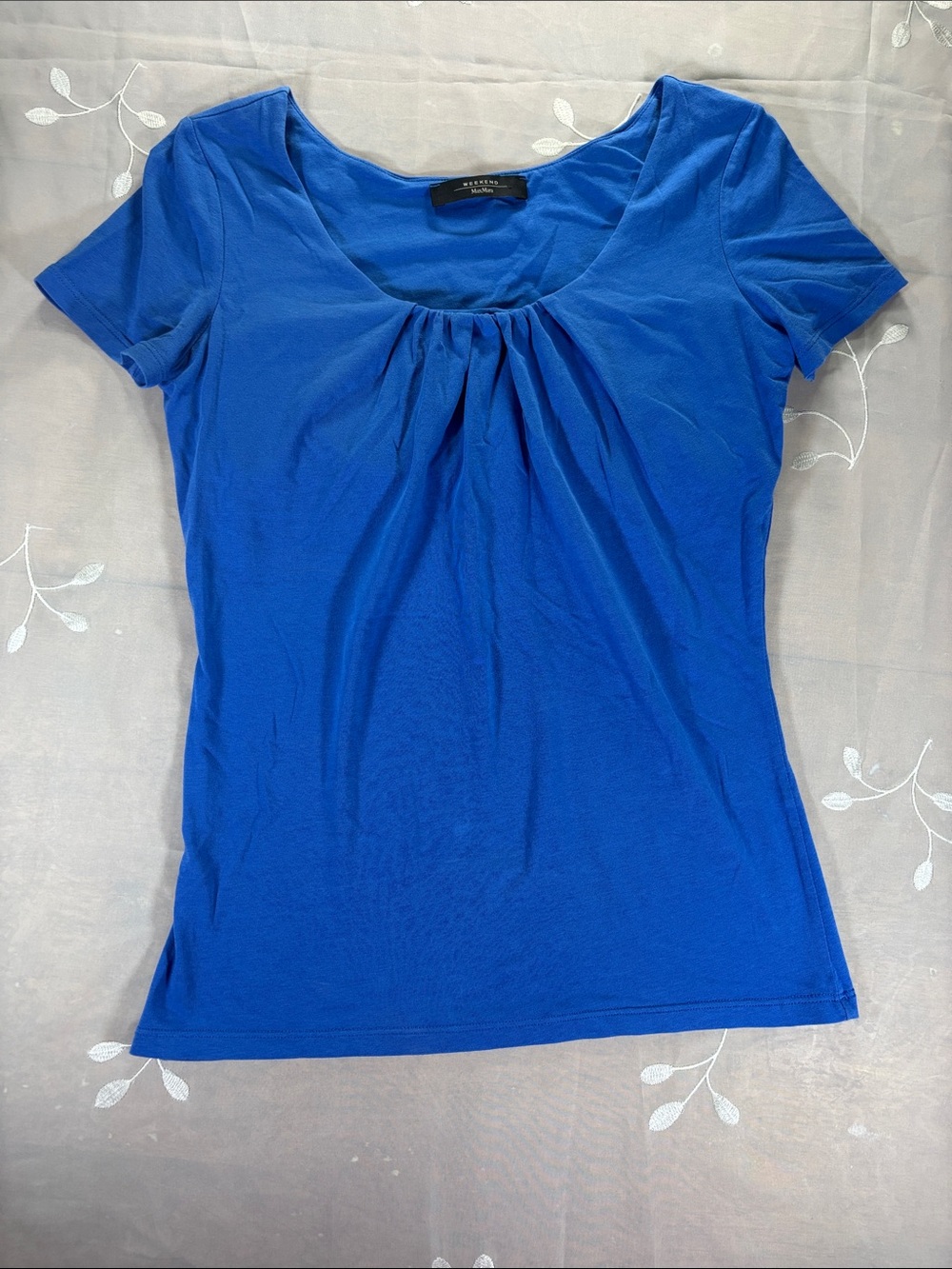 Week-end MaxMara Cobalt Blue Pleated Scoop-Neck Short Sleeve Top Medium Woman